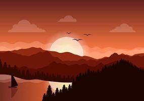 paesaggio al tramonto di montagne, natura selvaggia, sabbia, lago e valle in una natura selvaggia piatta per poster, banner o illustrazione di sfondo vettore