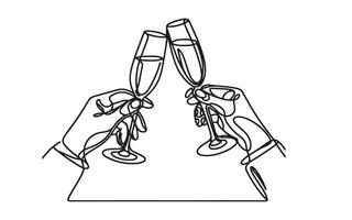 continuo uno nero arte linea mano disegno di Due mani con vino occhiali, Saluti Champagne schema scarabocchio stile, illustrazione su bianca vettore