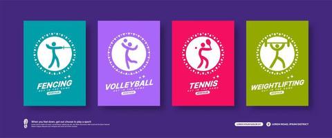 set di carte sportive minimali, concetto di design piatto di icone sportive. modelli di poster per tornei di scherma, pallavolo, tennis e sollevamento pesi vettore