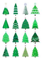 raccolta di alberi di natale di vettore piatto. capodanno e icona dell'albero di Natale con ghirlande, lampadina, stella, fiocchi di neve.