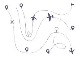 icone vettoriali del percorso della linea dell'aeroplano della rotta del volo aereo con punto di partenza.