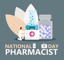 la giornata nazionale del farmacista si celebra il 12 gennaio. Il dottore in farmacia sta lavorando in farmacia e sta vicino a pillole di medicina, bottiglia. il personale aiuta a scegliere i farmaci. concetto di assistenza sanitaria vettore
