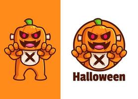 disegno del logo del personaggio dei cartoni animati della zucca di halloween spaventosa vettore