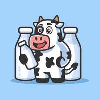 mucca del fumetto con l'illustrazione della bottiglia di latte vettore