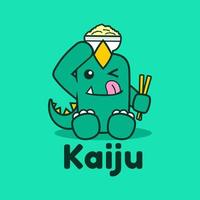 delizioso dinosauro kaiju che mangia ciotola logo design vettore