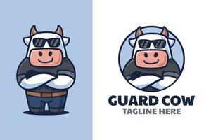 bel design del logo dei cartoni animati della mucca guardia del corpo vettore
