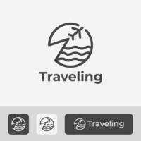 simbolo del logo di viaggio con il design dell'aeroplano, la spiaggia e l'icona del sole illustrazione vettoriale