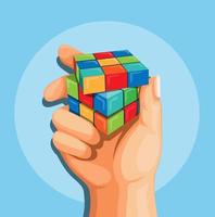 illustrazione, mano, presa a terra, cubo rubik, puzzle, concetto, in, cartone animato, vettore