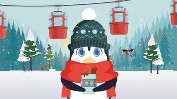 un piccolo pinguino carino con un cappello invernale e una sciarpa tiene in mano una bevanda calda. funivia con rimorchi nella foresta invernale. carrozza funicolare. illustrazione vettoriale. vettore