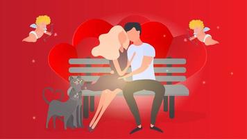 coppia di innamorati coccole su una panchina. bandiera rossa. fidanzato, ragazza, gatti, abbracci, amore, amorini. elemento di design sul tema di san valentino. vettore.