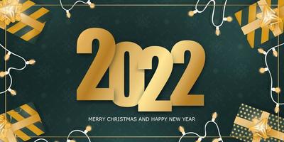 Banner di buon natale e felice anno nuovo 2022. sfondo con scatole regalo realistiche, ghirlande e lampadine. vettore. vettore