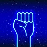 design accattivante con luce al neon. design lineare del potere di successo della mano. segno di vittoria al neon incandescente nello spazio. icona al neon unica e realistica. icona lineare su sfondo blu. vettore