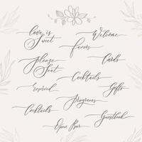 iscrizioni calligrafiche di matrimonio - benvenuto, open bar, per favore posto, riservato, regali, carte, programmi. vettore