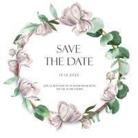 La peonia rosa avvolge i fiori dell&#39;acquerello con testo, acquerello floreale isolato su fondo bianco. Arredamento di design per matrimonio di carte, poster di invito, banner.