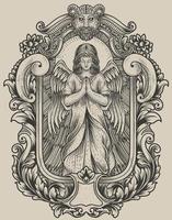 illustrazione angelo che prega con cornice per incisione vintage vettore
