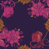 biglietto d'invito floreale con cornice rotonda sottile. fiori fantasia paradiso con riccioli, foglie isolate su blu navy. bordo floreale di doodle tropicale, cornice. vettore