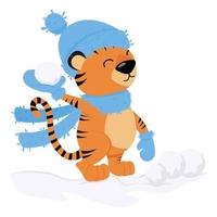 tigre simpatico cartone animato che gioca a palle di neve. fumetto illustrazione isolato su sfondo bianco. vettore
