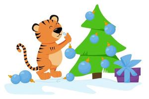 tigre simpatico cartone animato sta decorando l'albero di Natale. fumetto illustrazione isolato su sfondo bianco. vettore