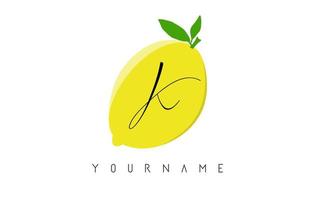disegno del logo k etter scritto a mano con sfondo di limone. vettore