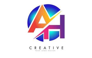 design del logo della lettera ah ah colorato con un taglio creativo e uno sfondo arrotondato blu sfumato. vettore
