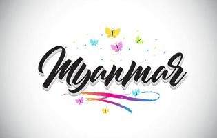 myanmar parola scritta a mano vettore testo con farfalle e swoosh colorato.