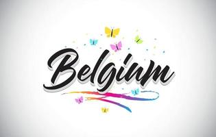 testo di parola vettoriale scritto a mano in Belgio con farfalle e swoosh colorato.