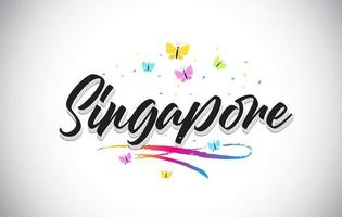 testo di parola vettoriale scritto a mano di Singapore con farfalle e swoosh colorato.