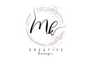 logo della lettera mk mk scritto a mano con cerchi scintillanti con glitter rosa. vettore