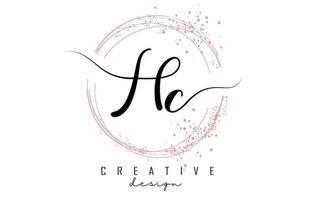 logo della lettera hc hc scritto a mano con cerchi scintillanti con glitter rosa. vettore