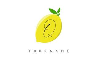 disegno del logo della lettera q scritta a mano con sfondo di limone. vettore