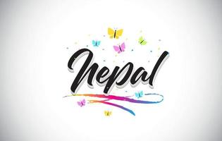 testo di parola vettoriale scritta a mano nepal con farfalle e swoosh colorato.