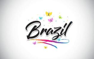 Brasile testo di parola vettoriale scritto a mano con farfalle e swoosh colorato.
