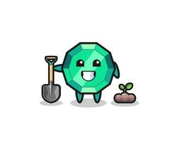 il simpatico cartone animato con gemme di smeraldo sta piantando un seme di albero vettore