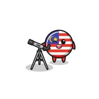 mascotte dell'astronomo della bandiera della malesia con un telescopio moderno vettore