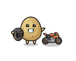 simpatico cartone animato di patate come pilota di motociclette vettore