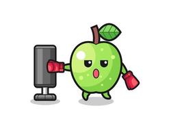 cartone animato pugile mela verde che si allena con il sacco da boxe vettore