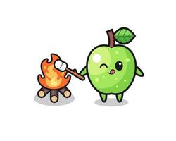 il personaggio della mela verde sta bruciando marshmallow vettore