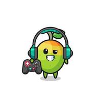 mascotte del giocatore di mango che tiene un controller di gioco vettore