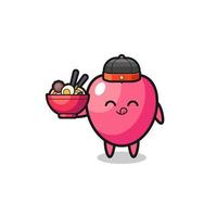 simbolo del cuore come mascotte dello chef cinese che tiene una ciotola di noodle vettore