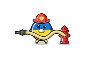 cartone animato bandiera ucraina come mascotte pompiere con tubo dell'acqua vettore