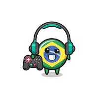mascotte del giocatore della bandiera del brasile che tiene un controller di gioco vettore