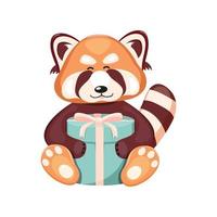 un simpatico panda rosso tiene in mano una confezione regalo con un fiocco tra le zampe.