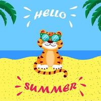 illustrazione di estate di vettore della tigre del fumetto in occhiali da sole sulla spiaggia del mare sotto le palme.