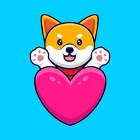 simpatico cane shiba inu che agita le zampe dietro un'illustrazione dell'icona del fumetto del grande cuore vettore