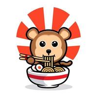 scimmia carina che mangia mascotte dei cartoni animati di spaghetti ramen vettore