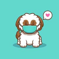 simpatico cucciolo di shih-tzu che indossa una maschera per l'illustrazione dell'icona del fumetto del virus di prevenzione vettore