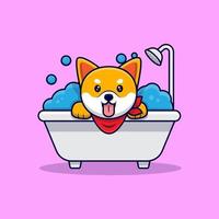 simpatico cane shiba inu fare il bagno icona del fumetto illustrazione vettore