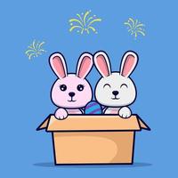 simpatica coppia di coniglietti all'interno di cartone con illustrazione dell'icona del design dell'uovo di Pasqua vettore