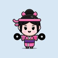 ragazza carina che indossa l'icona del fumetto della mascotte del kimono. illustrazione del personaggio mascotte kawaii per adesivo, poster, animazione, libro per bambini o altro prodotto digitale e di stampa vettore