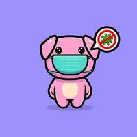 simpatico maiale che indossa una maschera per prevenire il personaggio della mascotte del virus. illustrazione dell'icona animale vettore